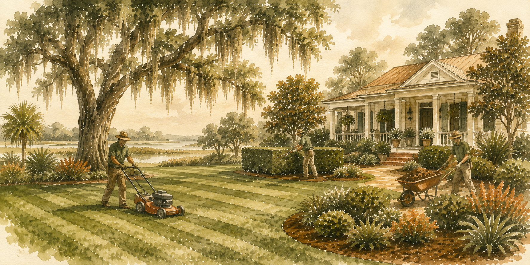 Illustrated landscaping crew at work in a Johns Island SC yard
