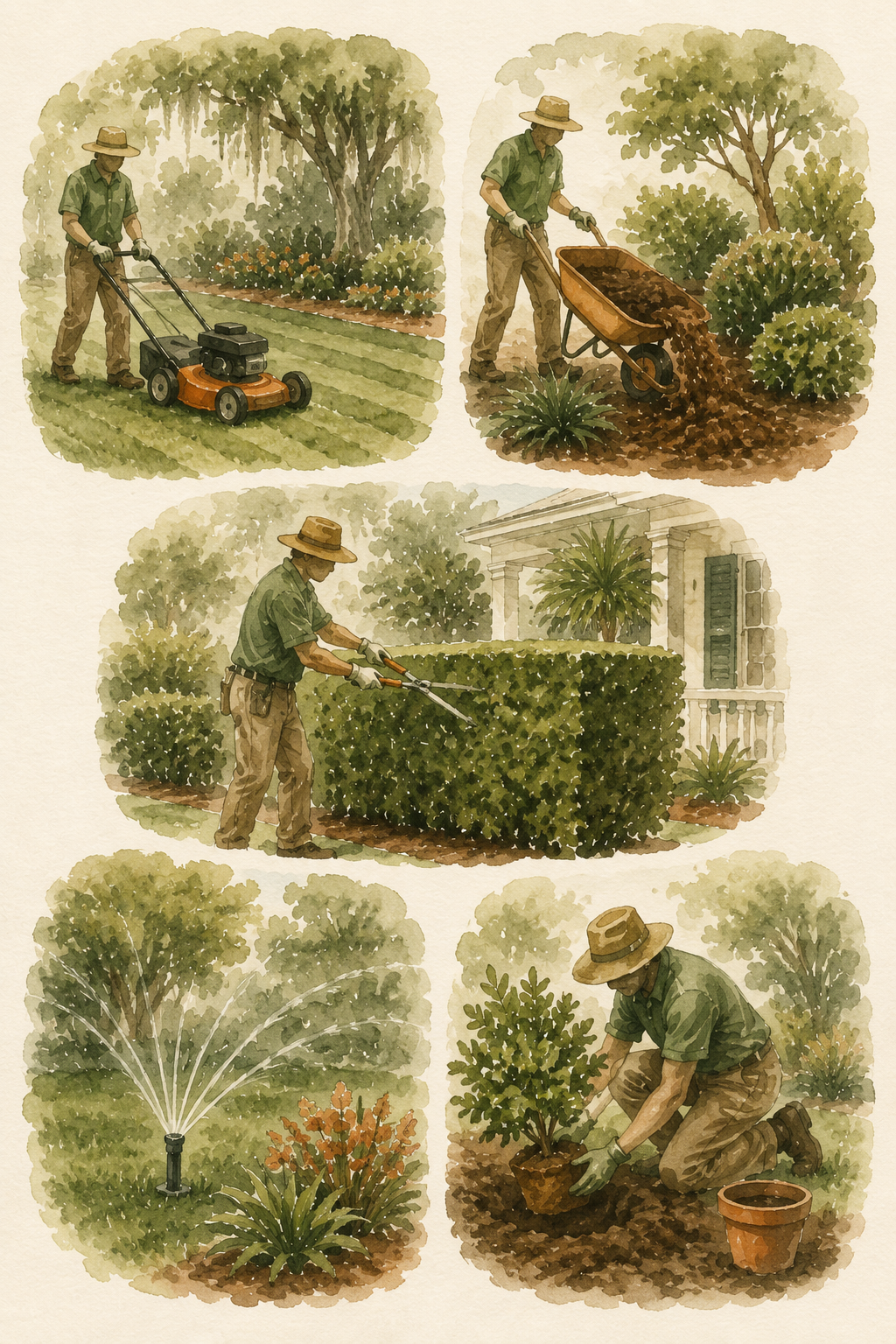 Illustrated overview of Great Garden Landscaping's core services — mowing, mulching, trimming, irrigation, and planting