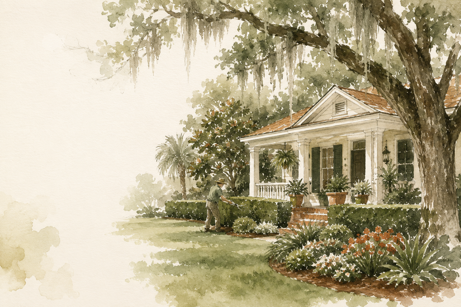 Illustrated Lowcountry yard scene representing Great Garden Landscaping's services in Johns Island, SC